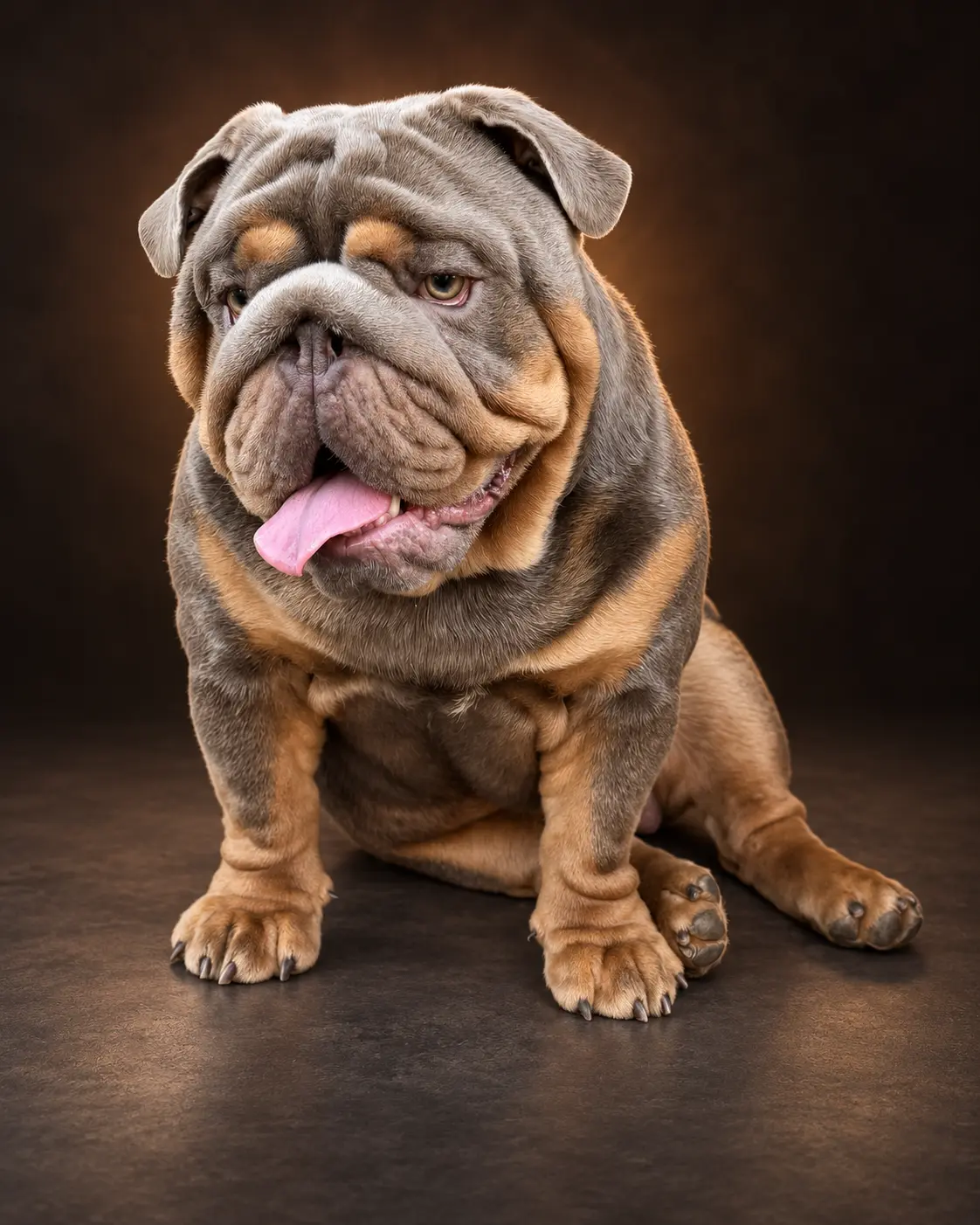 Dankie, a male English Bulldog stud, seated for a studio portrait