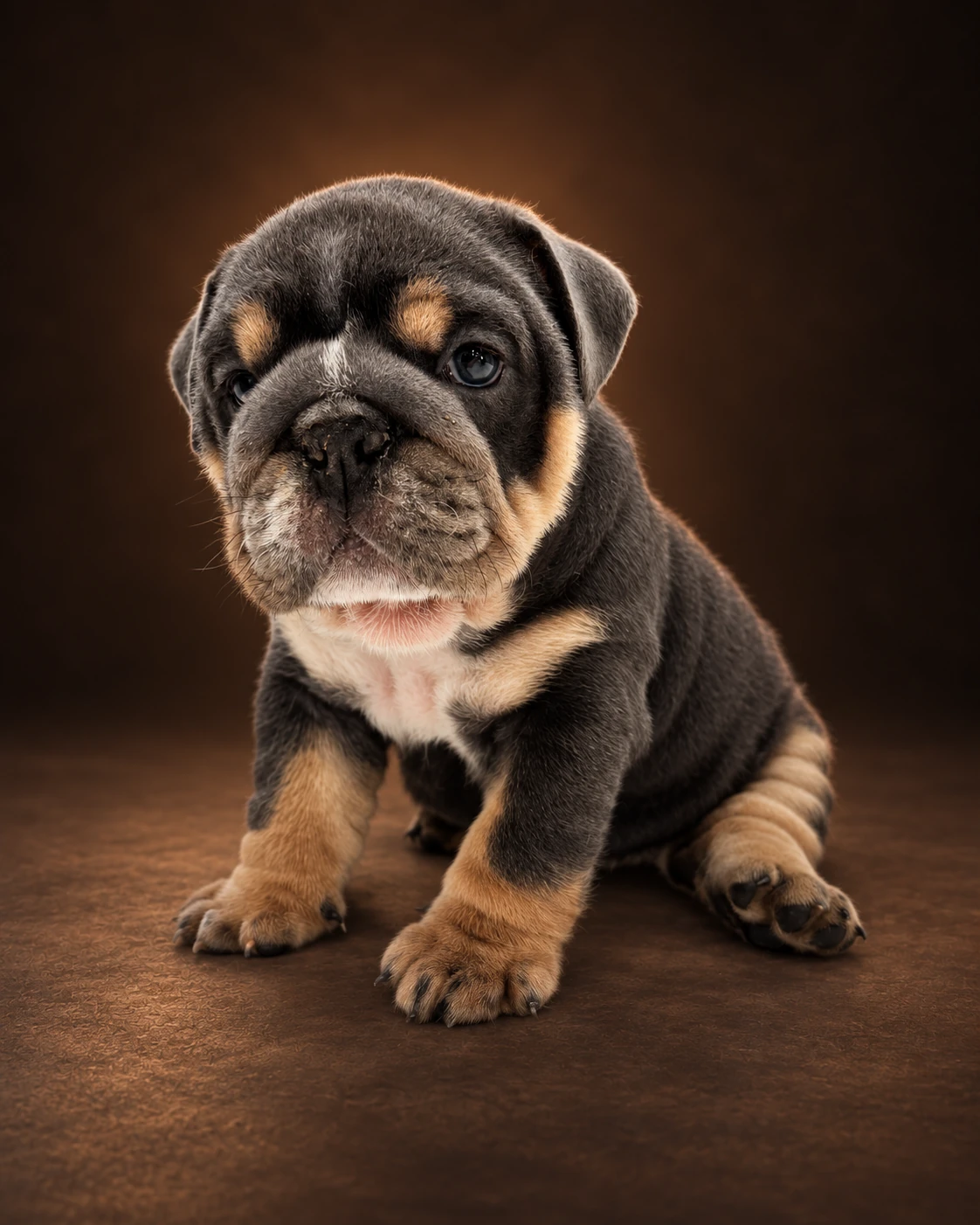 Blu Boy, male Blue Tri English Bulldog puppy from Dankie's second litter, seated against an AI-edited brown studio background