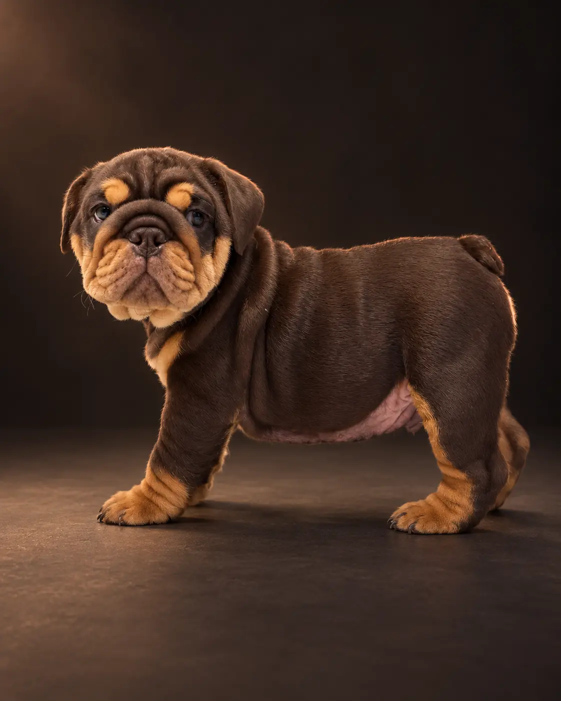 Chocolate and tan English Bulldog puppy produced by Dankie, standing