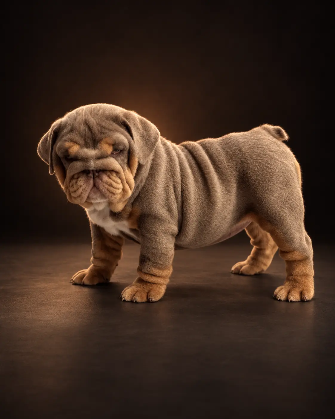 Lilac-fawn and tan English Bulldog puppy produced by Dankie in profile