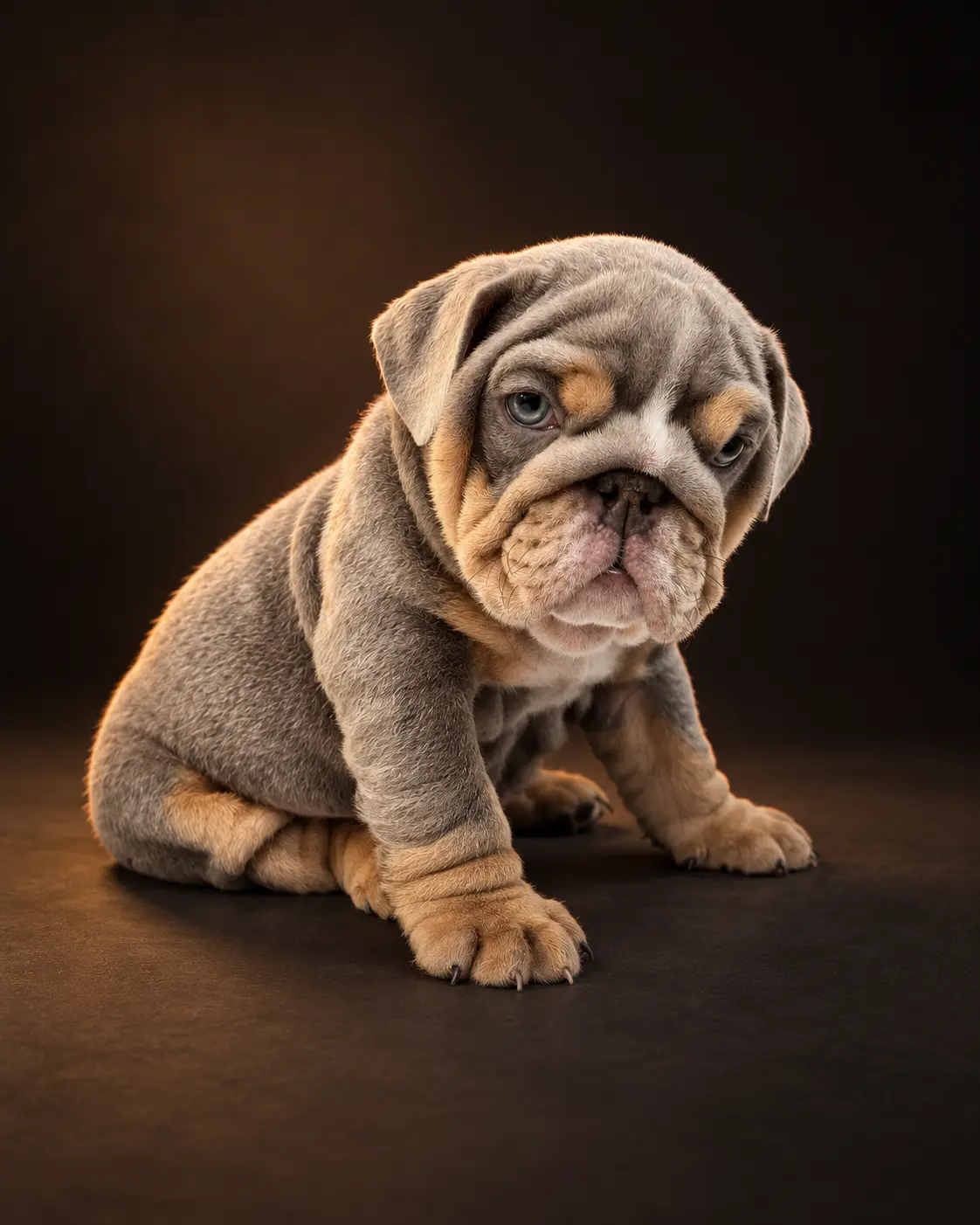 Lilac and tan English Bulldog puppy produced by Dankie, with a pale facial blaze
