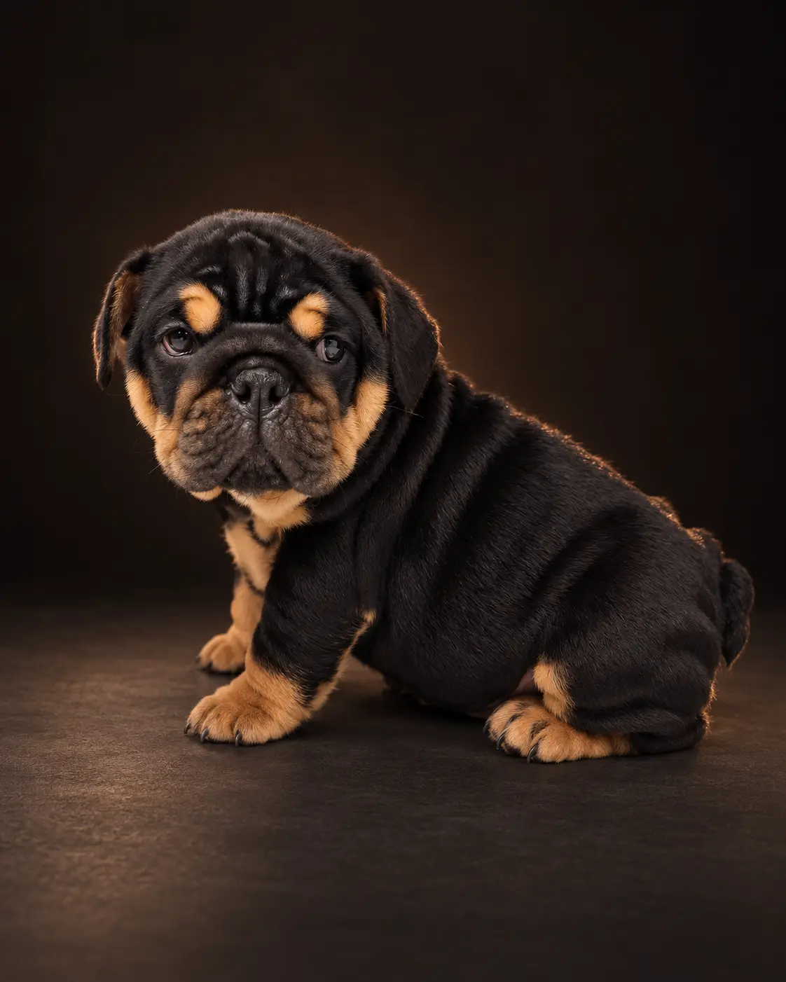 Black and tan English Bulldog puppy produced by Dankie, seated