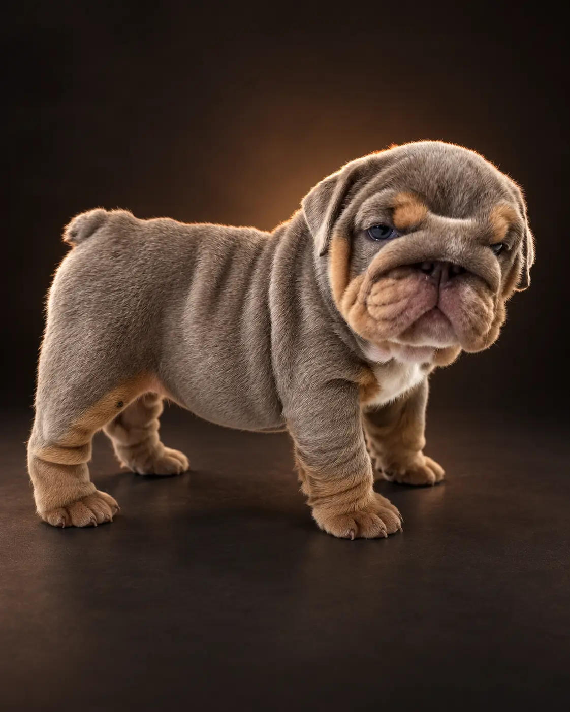 Lilac and tan English Bulldog puppy produced by Dankie in a standing pose